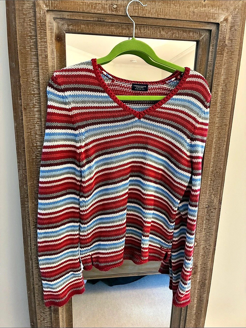 American Eagle Striped V-Neck Sweater in Red & Blue